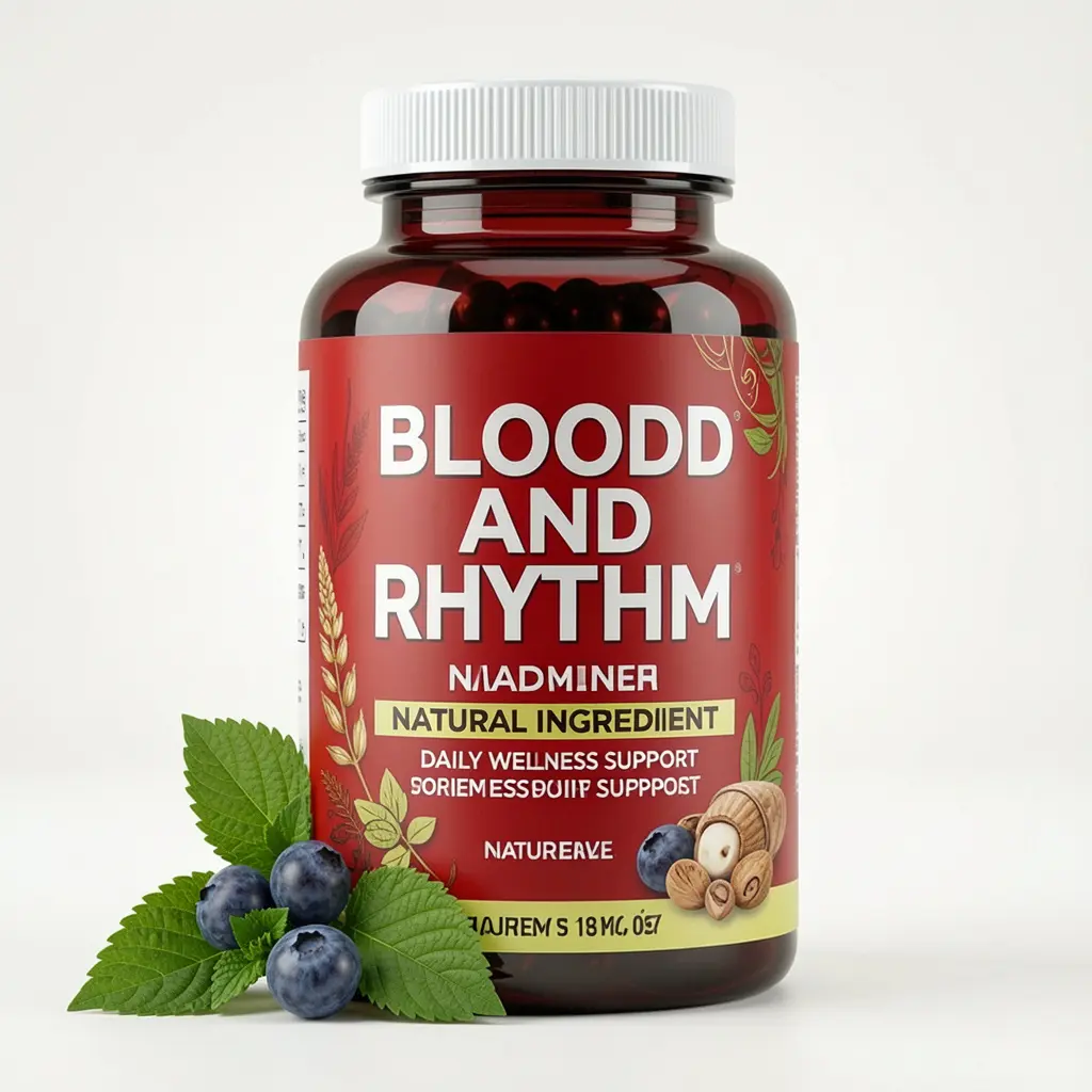 Blood and Rhythm dietary supplement bottle with natural ingredients for daily wellness support